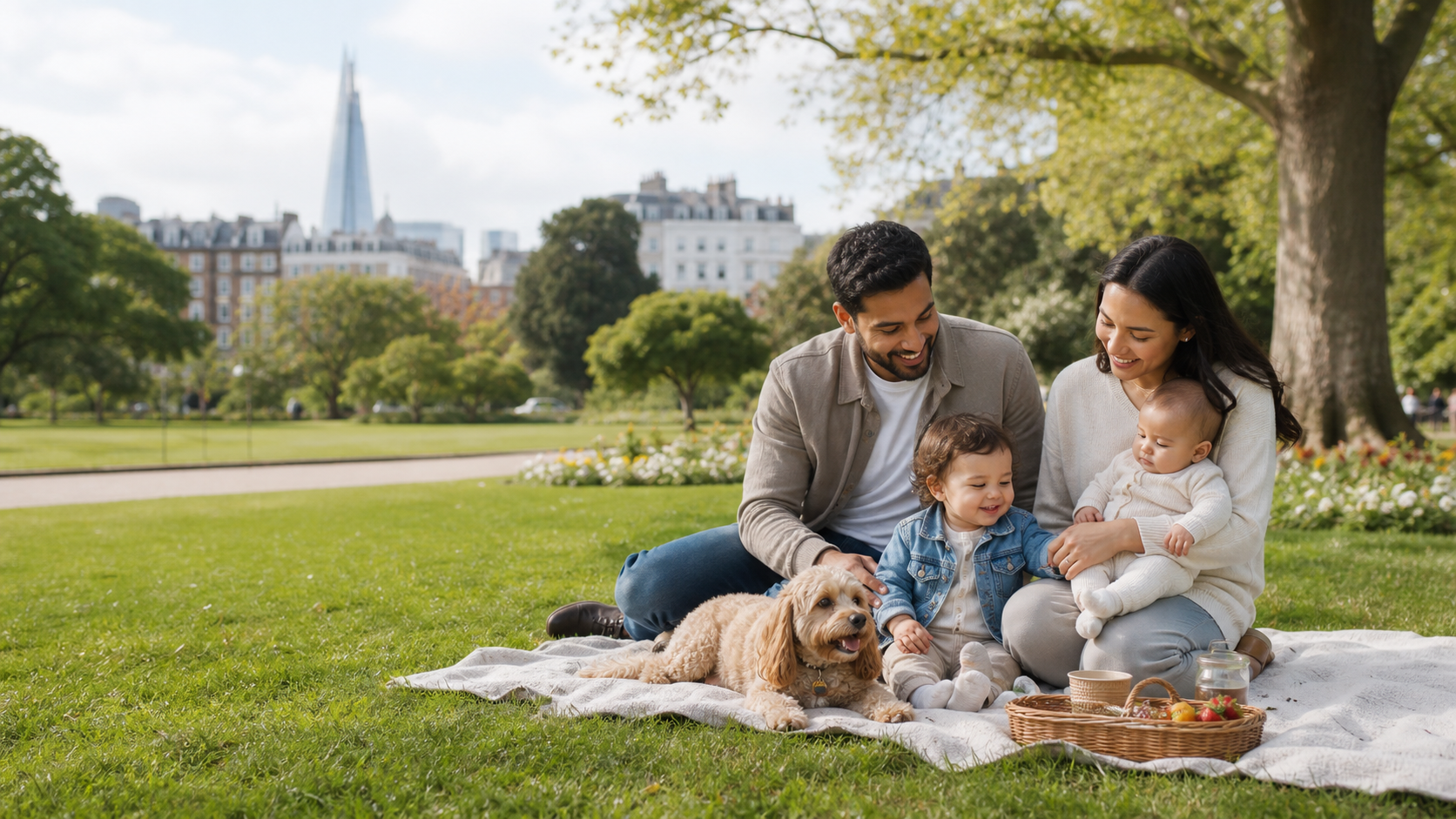 Família com crianças pequenas e cachorro fazendo piquenique em um parque de Londres